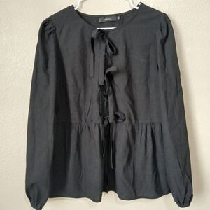 Women's Tie Front T-Shirts Casual Solid Peplum Babydoll Top Round Neck Size M